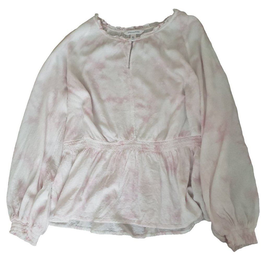 Popsugar Long Sleeve Textured XL Peasant Shirt Pink and White